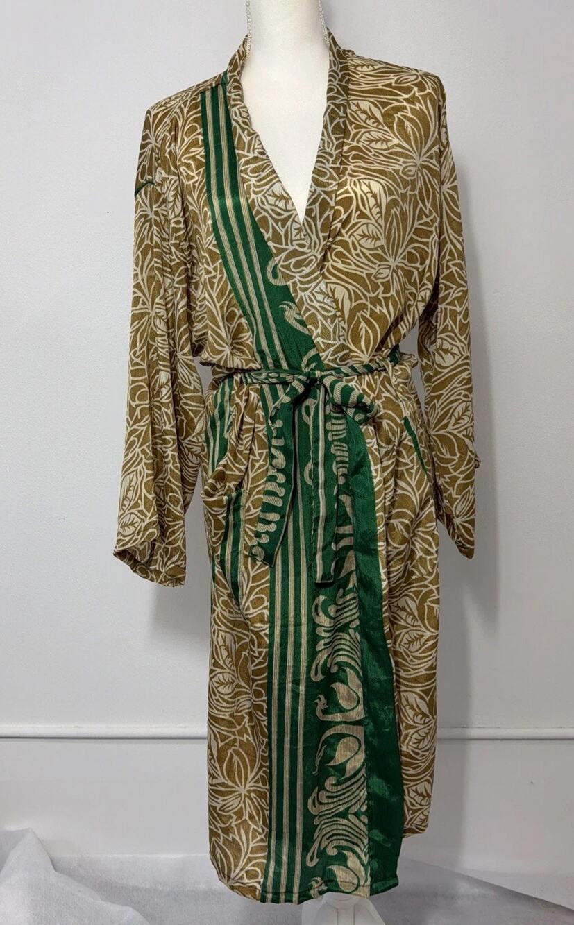 Vtg 100% Silk Kimono Robe India Floral Block Print Duster Cardigan Green Gold OS